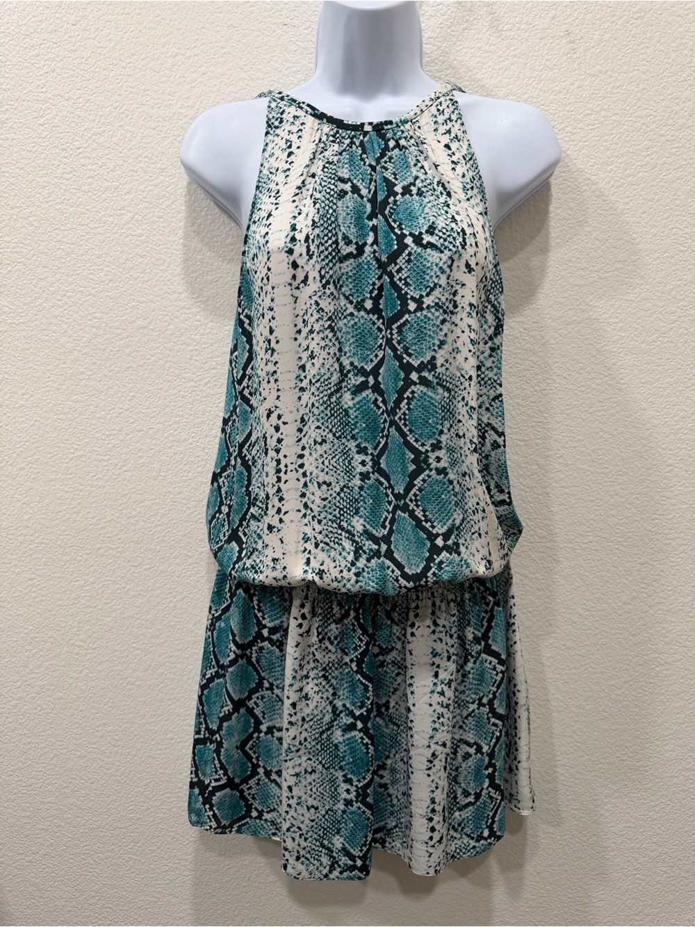 RAMY BROOK 👗 Teal Snake-Print Halter Mini Dress SIZE X SMALL